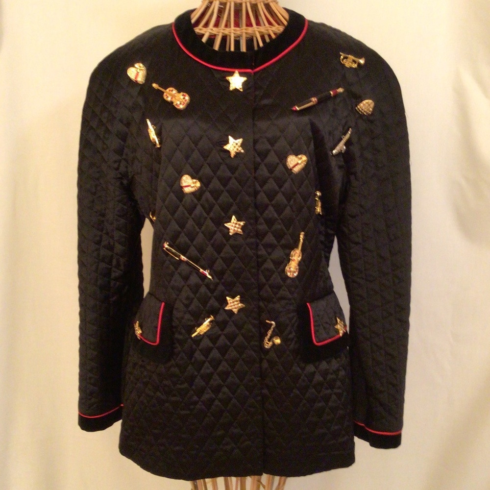 Vintage 1990 ESCADA Black Silk Quilted Jacket with Music Brooches Charms size 40
